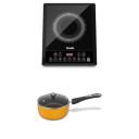 Preethi Indicook IC124 Induction Cooktop, 2100-Watt Electric Stove|Soft Touch Buttons|Crystal Glass (Black) with Preethi Dura Nonstick Milkpan 16cm...