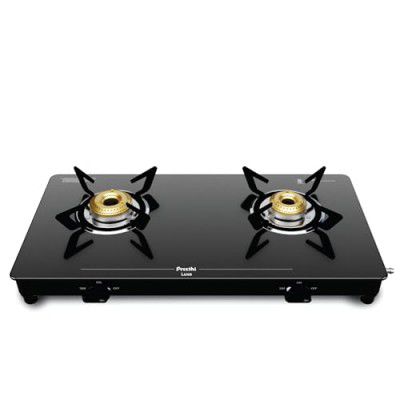 Preethi Luxe 2 Burner Glass Top Gas Stove With Driptray Less Infinity Design, 5 Year Warranty on Glass & Burner, Black