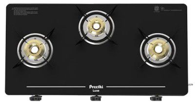 Preethi Luxe 3 Burner Glass Top Gas Stove With Driptray Less Infinity Design, Black