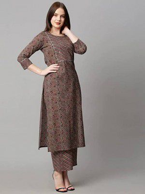 preeticreation Women Block Print Cotton Blend A-line Kurta (Brown)