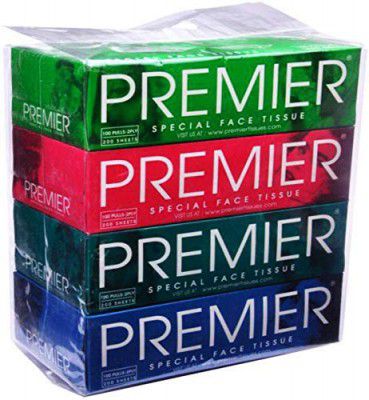 Premier Box Face Tissue Papers 100 Pulls 2Ply (Pack of 4=400 Pulls 800 Sheets)