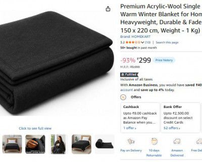 Homekart Premium Acrylic-Wool Single Bed Blanket – (Black, 150 x 220 cm, Weight - 1 Kg) Pack of 3