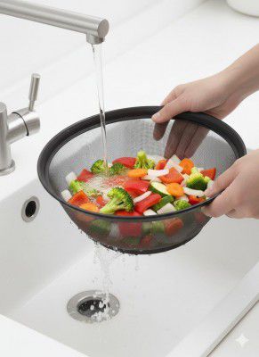 Premium Stainless Steel Mesh Fruit & Vegetable Washing Basket – Multipurpose Strainer Bowl for Kitchen, Durable Rust-Free Colander in Variant Size (Black, 28CM)