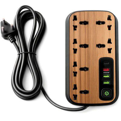 Premium Wooden Finish Extension Board with 6 Universal Sockets, 3 USB Ports, 1 Type-C, 2000W 