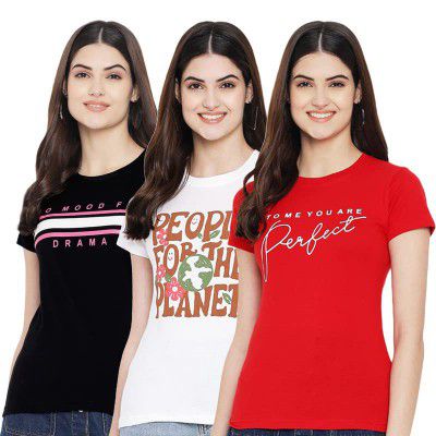 Preneum Round Neck Printed Cotton Tshirt for Pack of 3 Women & Girls