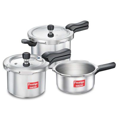 Prestige 2L+3L+5 Litres Svachh Outer Lid Aluminium Combo Pressure Cooker with 2 Lids | Gas & Induction Compatible