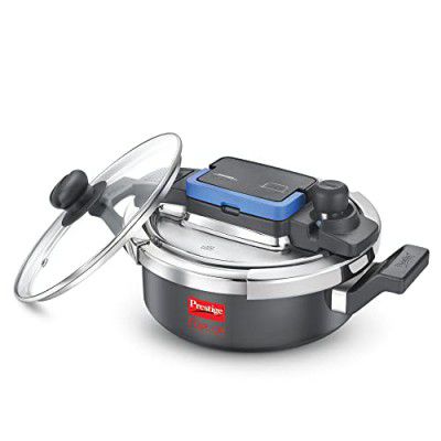 Prestige 3L Svachh FLIP-ON Hard Anodised Pressure Cooker with glass lid|Innovative lock lid with spillage control|Gas & Induction compatible|5 years warranty|Black