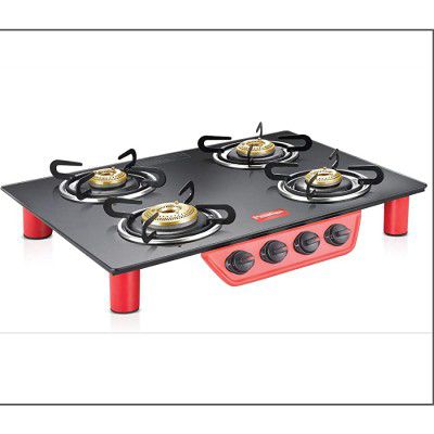 Prestige Breeze 4 Burner LP Glass Gas Table GTB 04 - Black, Frameless Gas Stove