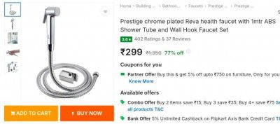 Prestige chrome plated Reva health faucet with 1mtr ABS Shower Tube and Wall Hook Faucet Set