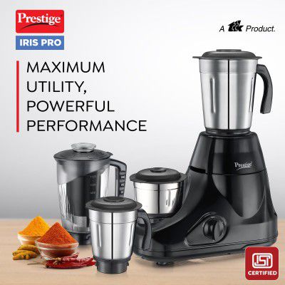 Prestige Iris Pro 750 Watts Mixer Grinder with 4 Jars | 2 Years Warranty |Black