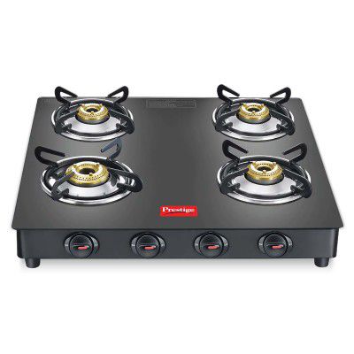 Prestige Magic Plus Gtmp 04 Sq Lp Open Gas Stove(Black, With Powder Coated Body, Glass Top And 4 U Brass Burners)
