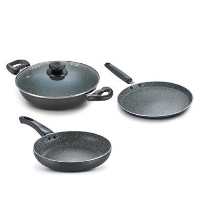 Prestige Omega Deluxe Granite Alpha Aluminium Non-Stick Build Your Kitchen Set, Kadai Dia 24cm with Glass Lid - 1 Unit, Omni Tawa Dia 28cm - 1 Unit & Fry Pan Dia 24cm - 1 Unit
