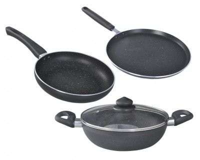 Prestige Omega Deluxe Granite Aluminium 3 Piece Set with 1 Glass Lid