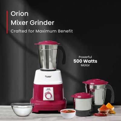 Prestige Orion 500 Watts Mixer Grinder with 3 Stainless Steel Jars (1200ml, 1000ml, 500ml,Red)