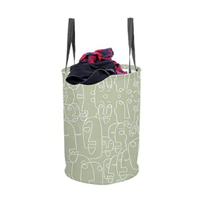 PrettyKrafts 45L Cotton Outline Printed Round Foldable Large Laundry Bag/Basket With Lid & Handle, Collapsible Freestanding Cloth Storage Organizer for Bedroom, Bathroom (36x36x45cm, Grey, Set of 1)
