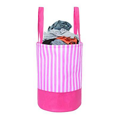PrettyKrafts 45L Non Woven Stripe Printed Round Foldable Large Laundry Bag/Basket With Handles