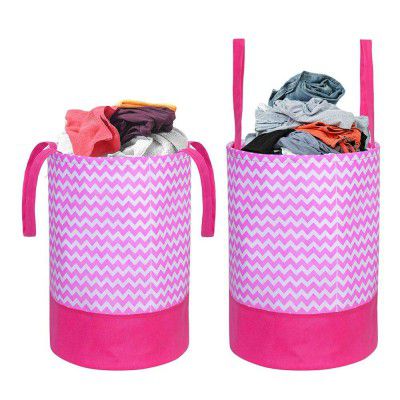 PrettyKrafts 45L Non Woven Wave Printed Round Foldable Large Laundry Bag/Basket With Lid & Handles, Freestanding Clothes Storage Organizer for Bedroom, Bathroom, Dorm (36x36x45cm, Pink, Set of 2)