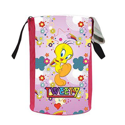 PrettyKrafts 45L Polycotton Tweety Printed Round Foldable Large Laundry Bag/Basket With Handles (36x36x45cm, Pink )