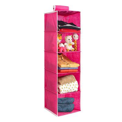 PrettyKrafts 5 Tiers Clothes Hanging Organizer Wardrobe for Regular Garments Shoes Storage Cupboard Hanger Bag - Pink