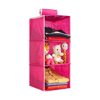PrettyKrafts Clothes Hanging 3 Shelf Organizer, Wall Hanging Organiser, Compartment Clothes Storage Wardrobe Organizer, Non Woven Fabric + Engineered Wood Inside, Foldable Closet Organizer, Pink