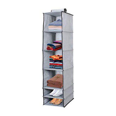 PrettyKrafts F1231 Hanging Organiser 6 Shelves, Wardrobe Hanging Storage, Storage Compartment for Closet, Grey