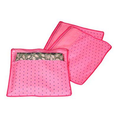 PrettyKrafts Saree Cover Set of 3 Polka dots with Top Transparent Window_Pink