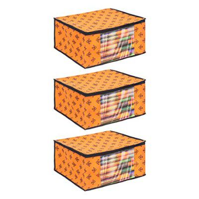 PrettyKrafts Set of 3 Non-Woven Printed Foldable Saree Covers/Wardrobe Organizer (Orange)