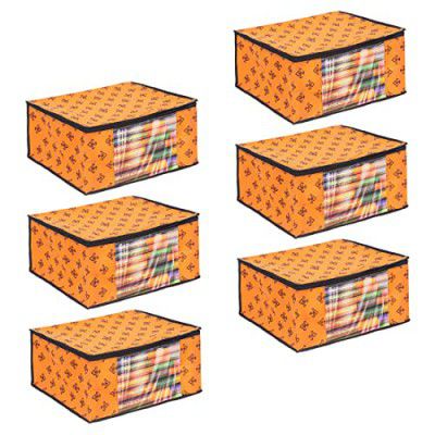 PrettyKrafts Set Of 6 Non-Woven Printed Foldable Saree Covers/Wardrobe Organizer With Transparent Window And Zip/Clothes Storage Bag (Orange)