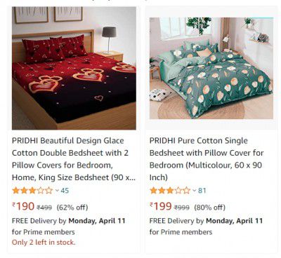 PRIDHI Bedsheets with 2 Pillow Covers starting at ₹190