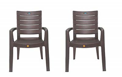 Prima Plastic Chair for Living Room | Set of 2 | Chair with arm | 100% Virgin Plastic | Rado (Weather Brown Colour)