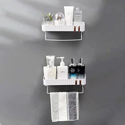 Primax Bathroom Accessories-Bathroom Shelf/Multipurpose Self-Adhesive Wall-Mount Shelf with Towel Hanger/Bathroom Organizer - White (Pack of 2)