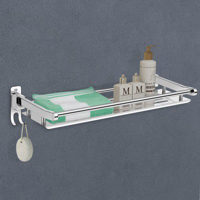 Primax Elegant Stainless Steel Multipurpose Folding Bathroom Shelf/Towel Rack with Towel Hooks