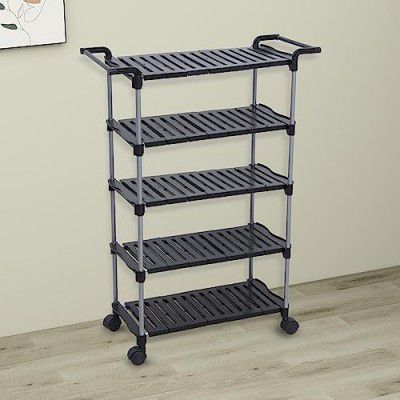 Primax Multipurpose Kitchen Storage Rack with Wheels/Shoe Rack for Home/Shelf for Kitchen/Bathroom Organizer - 5 Tier Portable Trolly (APS-880-BLK-5-LAYER-P1 - Roman)