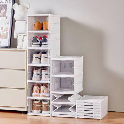 Primelife Drop Front Foldable Shoe Organizer Storage Box - Collapsible Shoe Rack, Clear-Door Design Effortless Shoe Management in Closet and Entryway - 6-Tier | L35xW26xH105cm