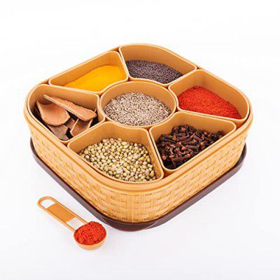 Primelife Plastic Square 7 Sections Multipurpose Masala Rangoli Dabba Box Set, Spice Box Set - Brown (Masala Box - 7 in 1)