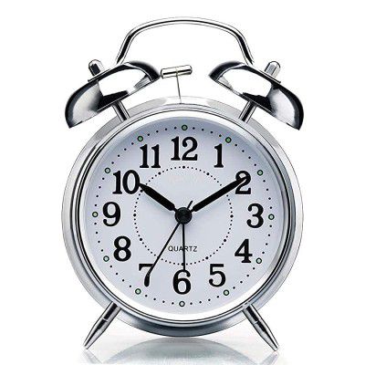 PRIMESKY Brass Vintage Twin Bell Table Top Alarm Clock with Night Led Light Display Alarm Clock