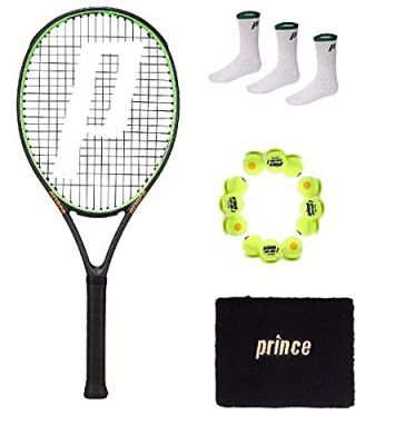Prince Tennis Racket -Tour 100 P 26,Prince-Stage 2-Orange-Std Tennis Ball 1 DOZ with Wristband BK/Goand Prince Crew White Socks