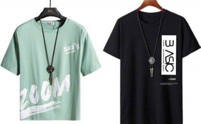 Printed Men Black, Blue T-Shirt (Pack of 2)