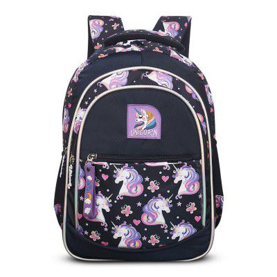 Priority 27 L Unicorn Printed PU School Backpack For Kids | (16 Inch | Medium | Navy Blue)