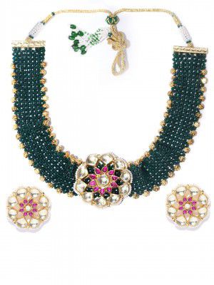 Priyaasi Gold-Plated Floral Patterned Pachi Kundan Studded Choker Set in Green and Pink Color, One Size (NL-PR-10198)