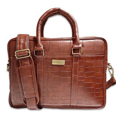 Probus Vegan Leather Bag For MacBook Laptop Messenger Bag Organizer Handbag - Brown