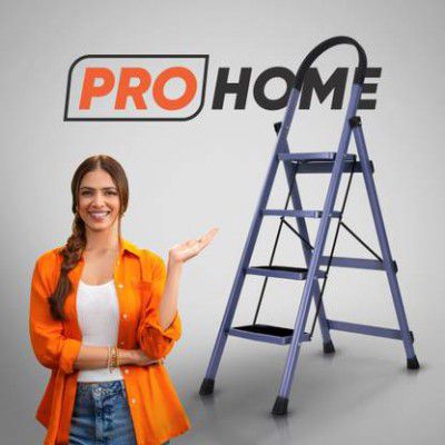 ProHome 4 Step Vetro Foldable Steel Ladder for Home | 150kg Capacity with Anti Slip Shoe Steel Ladder  (With Platform)