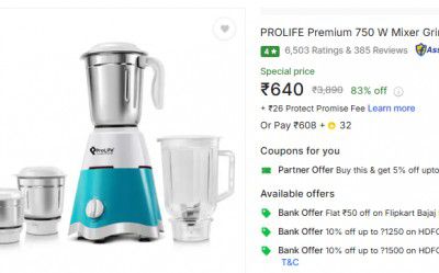 PROLIFE Premium 750 W Mixer Grinder (Ete DLX | 4 Jars | White & Green)