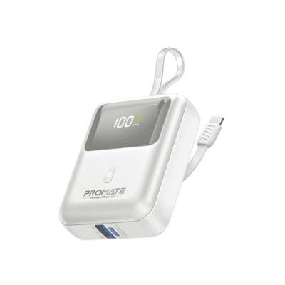 Promate Power Bank 10000mAh, Ultra-Compact Portable Charger with Built-in 35W USB-C™ Cable, 35W PD Type-C Port and 18W USB-A QC 3.0 Port Power Bank