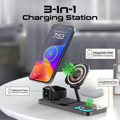 Promate Transparent Docking Station, MagSafe Desk Charger with 15W Qi Foldable Charging Stand, Apple Watch Charger, Charge Protection, RGB Lights, and Durably Made, AuraSlate-Trio,2 Years Warranty