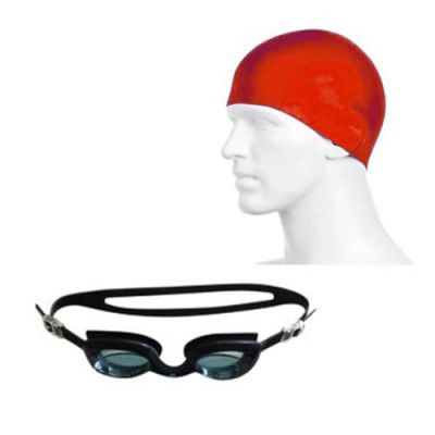 Protoner Swimming set combo with goggles, cap, nose & ear plugs (Black Red)