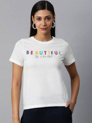 PROVOGUE  Women Graphic Print Round Neck Cotton Blend White T-Shirt