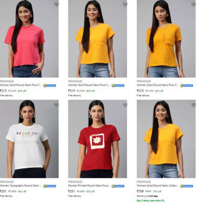 PROVOGUE Women's T-shirts Upto 82% Off | starts ₹215