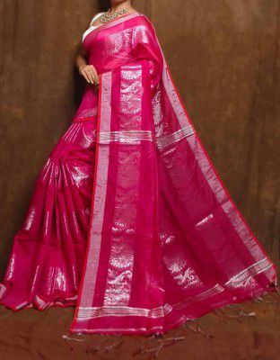 PSA TRENDS  Hand Painted Handloom Cotton Silk Saree  (Pink)