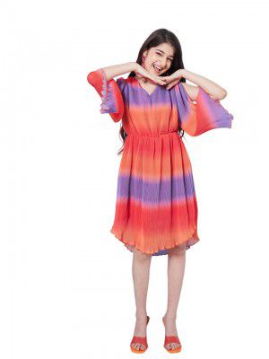 Pspeaches Girl's V-Neck Tie and Dye Striped Flared Sleeve Fit Flare Dress 